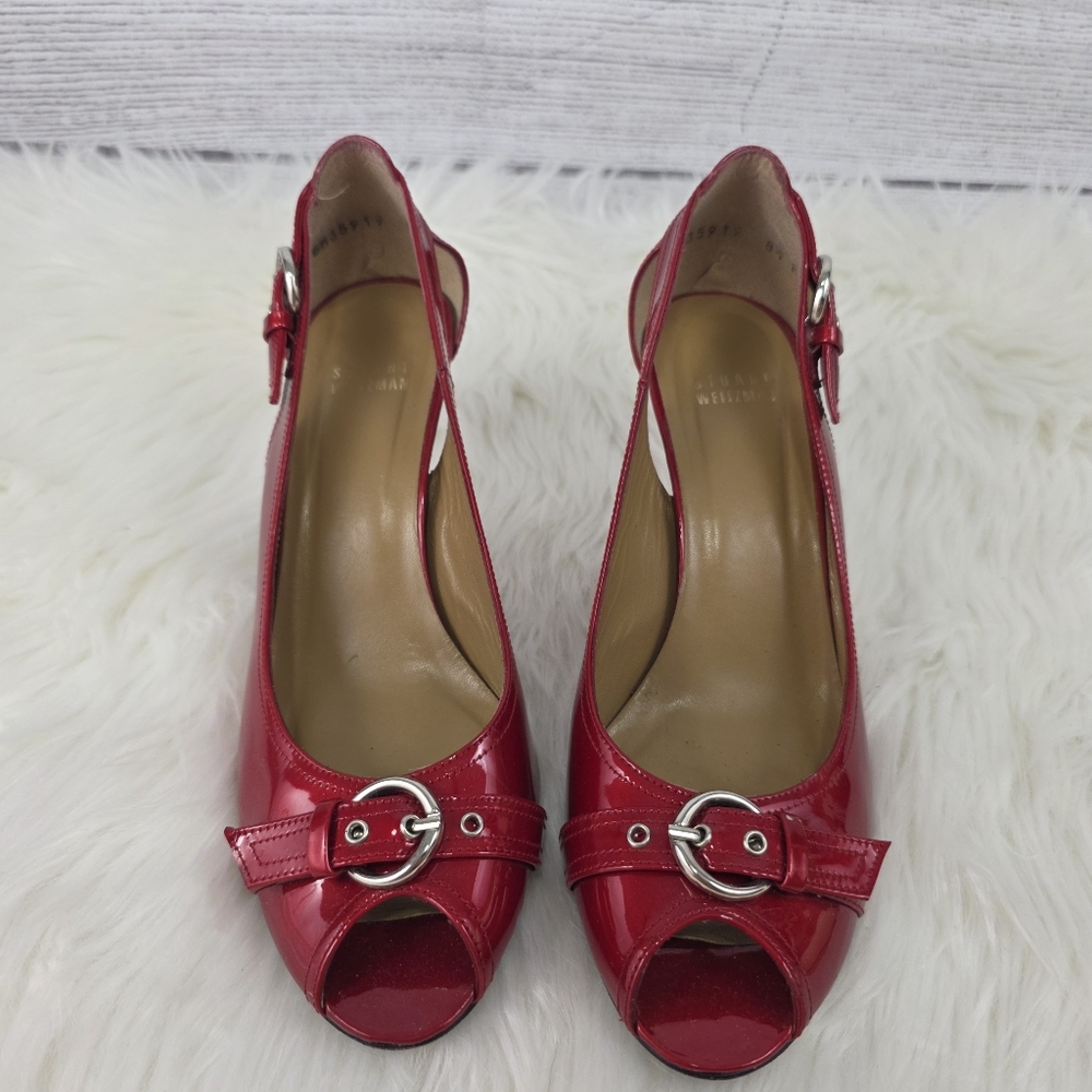 Stuart Weitzman Vintage Red Patent Leather Peep Toe Kitten Heels